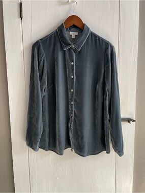 J Jill Silk Blend Velvet Shell Button Up Long Sleeve Blouse Slate Blue SP